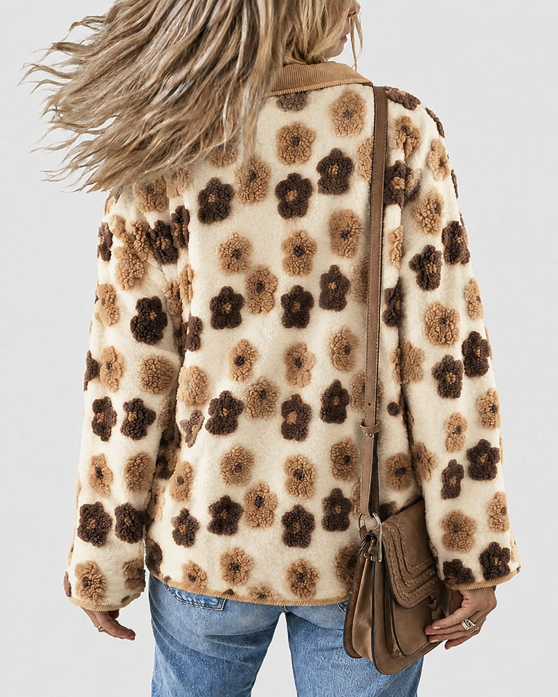 Women's 3D Faux Shearling Floral Jacket Corduroy Trim Button Down Fleece Coat