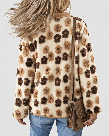 Women's 3D Faux Shearling Floral Jacket Corduroy Trim Button Down Fleece Coat