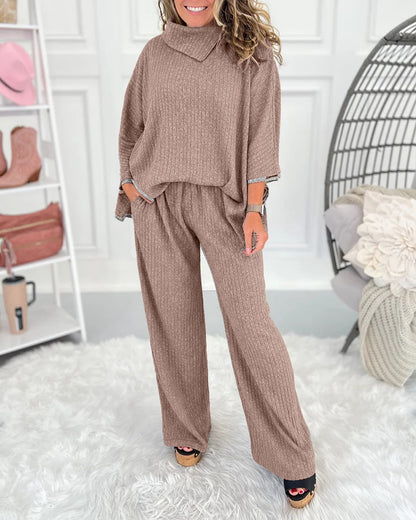 Women's 2 Piece Ribbed Knit Set Asymmetrical Zipper Turtleneck Batwing Sleeve Top and Pants Casual Loungewear