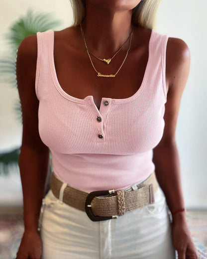 U-Neck Sleeveless Half Button Front Tank Slim Fit Backless Knit Waffle Tank Top