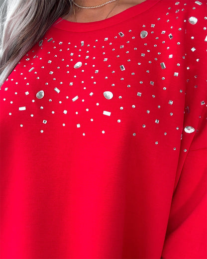 Women's Rhinestone Crewneck Sweatshirt Loose Drop Shoulder Pullover Top