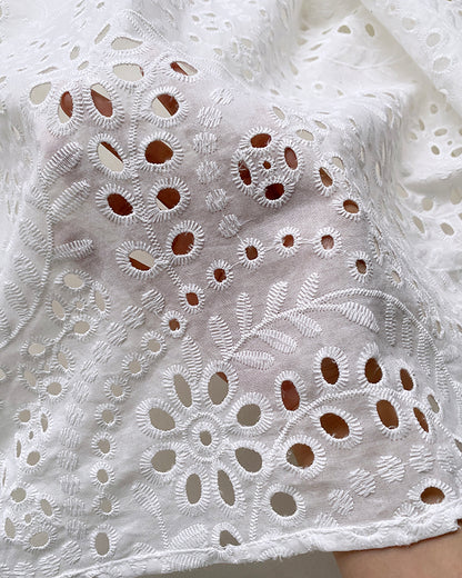 2 Pieces Outfit Eyelet Embroidery Short Sleeve Stand Collar Top and Casual Elastic Waist Shorts Set with Pockets