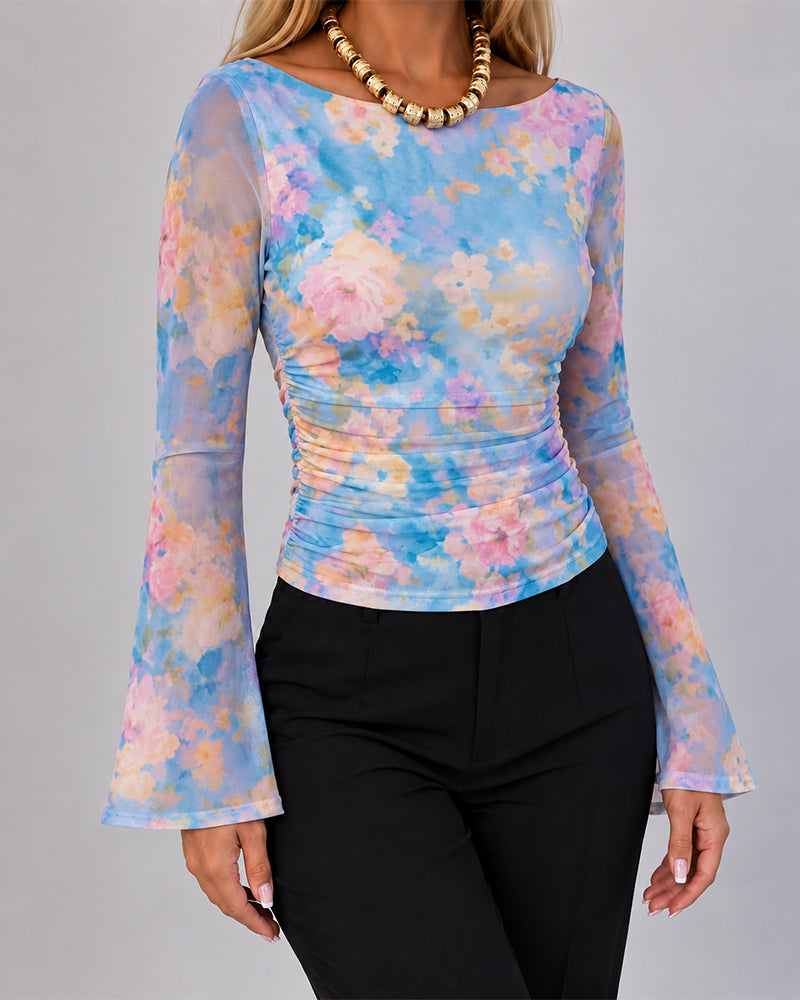 Women's Floral Watercolor Print Boat Neck Ruched Sheer Mesh Flare Sleeve Top