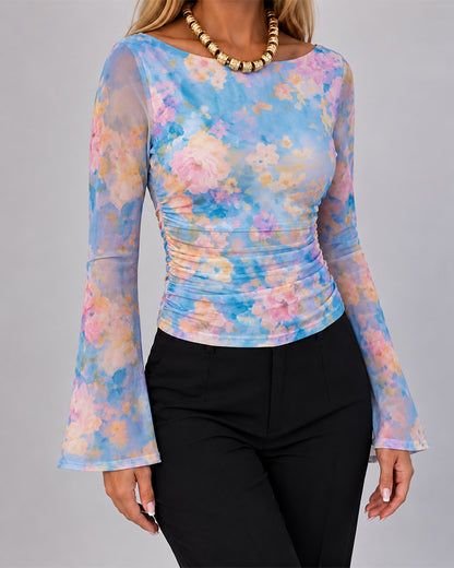 Women's Floral Watercolor Print Boat Neck Ruched Sheer Mesh Flare Sleeve Top