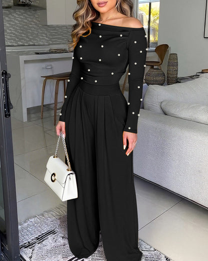 Pearls Decor Skew Neck Long Sleeve Cinched Waist Overalls Casual Ruched Zipper Back Wide Leg Jumpsuit