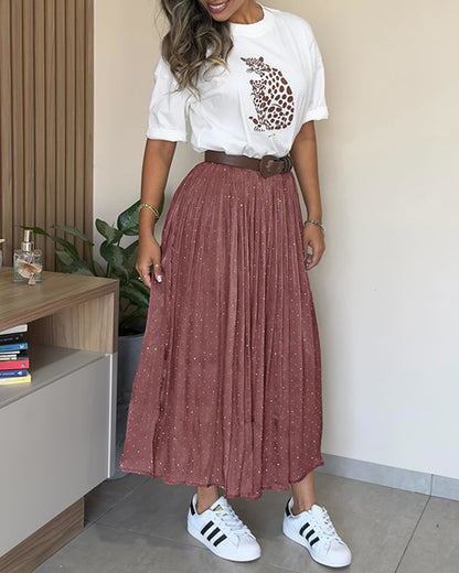 Women's High Waisted Pleated Midi Skirt Rhinestone Embellished A-Line Skirt Sparkling Elastic Waist Party Skirt