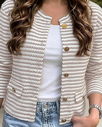 Women's Striped Textured Long Sleeve Crew Neck Gold Button Crop Coat