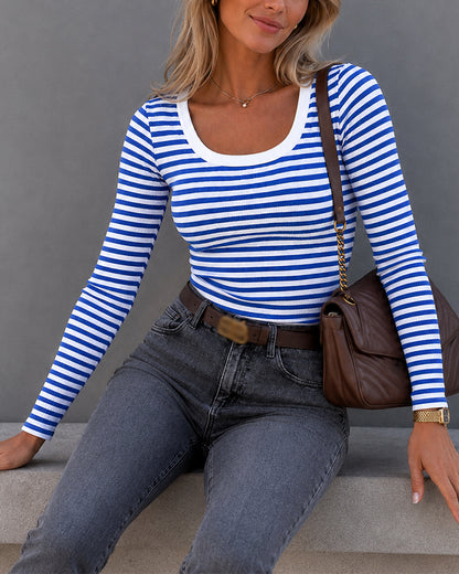 Women's Striped Ribbed U-Neck Long Sleeve Top Slim Fit Contrast Trim Tee