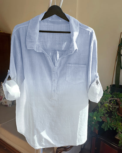 Ombre Turn-down Collar Roll Up Sleeve Half Button Front Shirt Casual Pocket Design Loose Fit Top