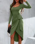 Women's Long Sleeve U-Neck Wrapped Slit Dress Ruched Side Tie Bodycon Dress