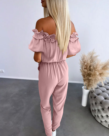 Off Shoulder Frill Hem Tied Detail Jumpsuit