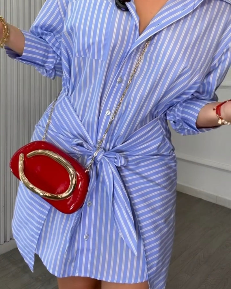 Women's Striped Button Down Shirt Dress Tie Front Wrap Asymmetric Hem Long Sleeve Casual Dress