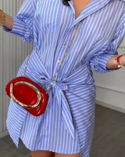Women's Striped Button Down Shirt Dress Tie Front Wrap Asymmetric Hem Long Sleeve Casual Dress
