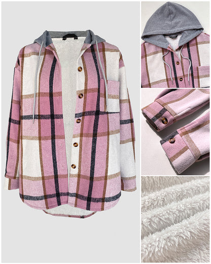 Plaid Print Long Sleeve Button Front Drawstring Hoodie Coat Casual Pocket Design Thermal Lined Shirt Coat