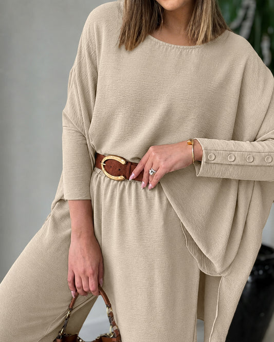 Women's 2 Piece Outfits Batwing Sleeve Asymmetrical Hem Top and Wide Leg Pants Set Casual Textured Loungewear