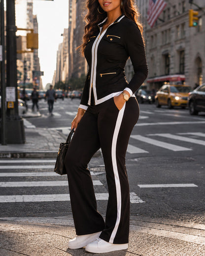 Women's 2 Piece Set Two-Way Zipper Front Stand Collar Top and High Waist Straight Leg Pants Casual Tracksuit