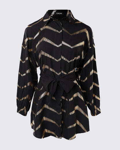 Bronzing Chevron Print Turn-down Collar Tied Detail Shirt Dress