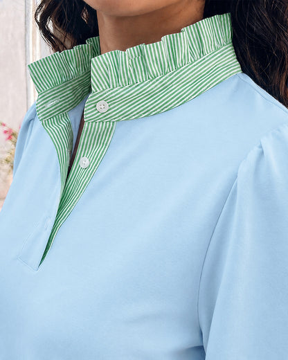 Women's Contrast Stripe Patchwork Blouse Frill Hem Stand Collar Puff Lantern Sleeve Shirred Cuff Pullover Shirt