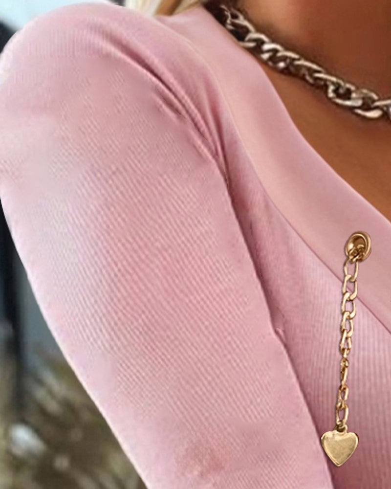 Deep V-Neck Long Sleeve Chain Decor Top Slim Fit Ribbed Layering Top