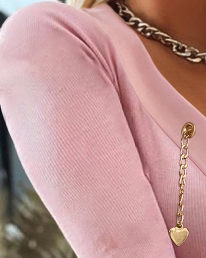 Deep V-Neck Long Sleeve Chain Decor Top Slim Fit Ribbed Layering Top