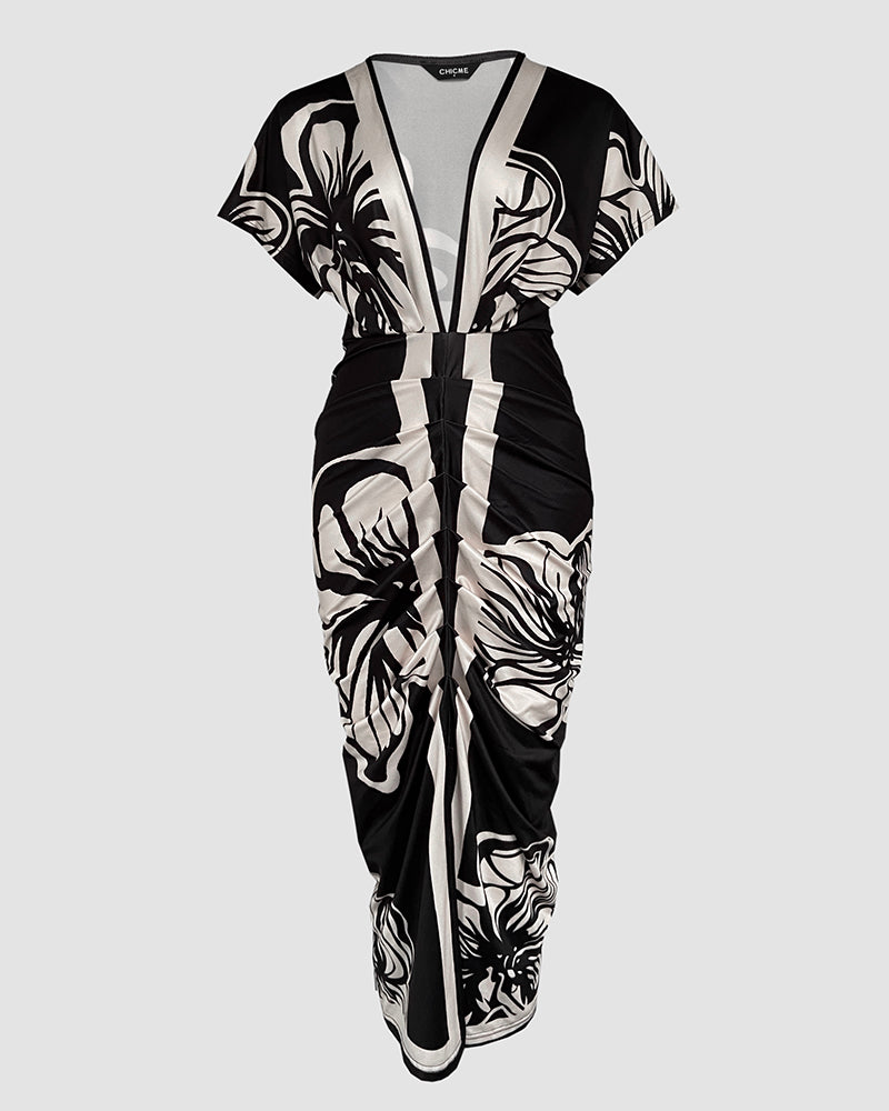 Floral Print Deep V Neck Short Sleeve Ruched Maxi Dress Casual Slit Front Vacation Dress