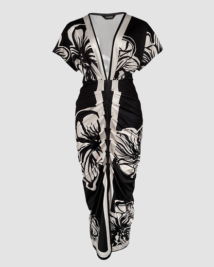 Floral Print Deep V Neck Short Sleeve Ruched Maxi Dress Casual Slit Front Vacation Dress