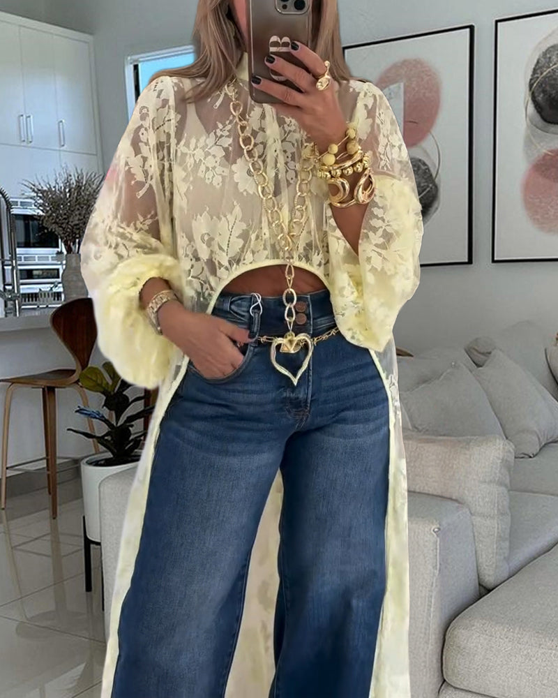 Mock Neck Lantern Sleeve High-Low Hem Floral Lace Sheer Top