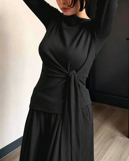 Women's 2 Piece Knit Lounge Set Long Sleeve Tie Waist Top and High Waisted Wide Leg Pants Casual Soft Sweatsuit with Pockets