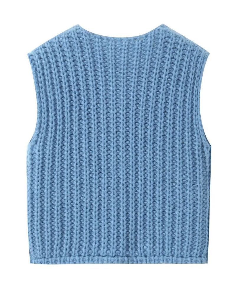 V-Neck Sleeveless Button Front Knit Vest Casual Loose Fit Sweater Top with Pockets