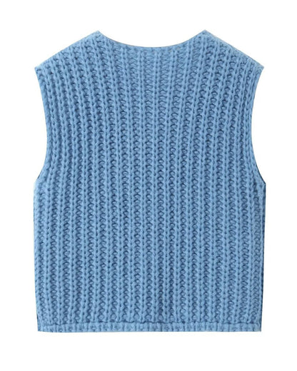 V-Neck Sleeveless Button Front Knit Vest Casual Loose Fit Sweater Top with Pockets