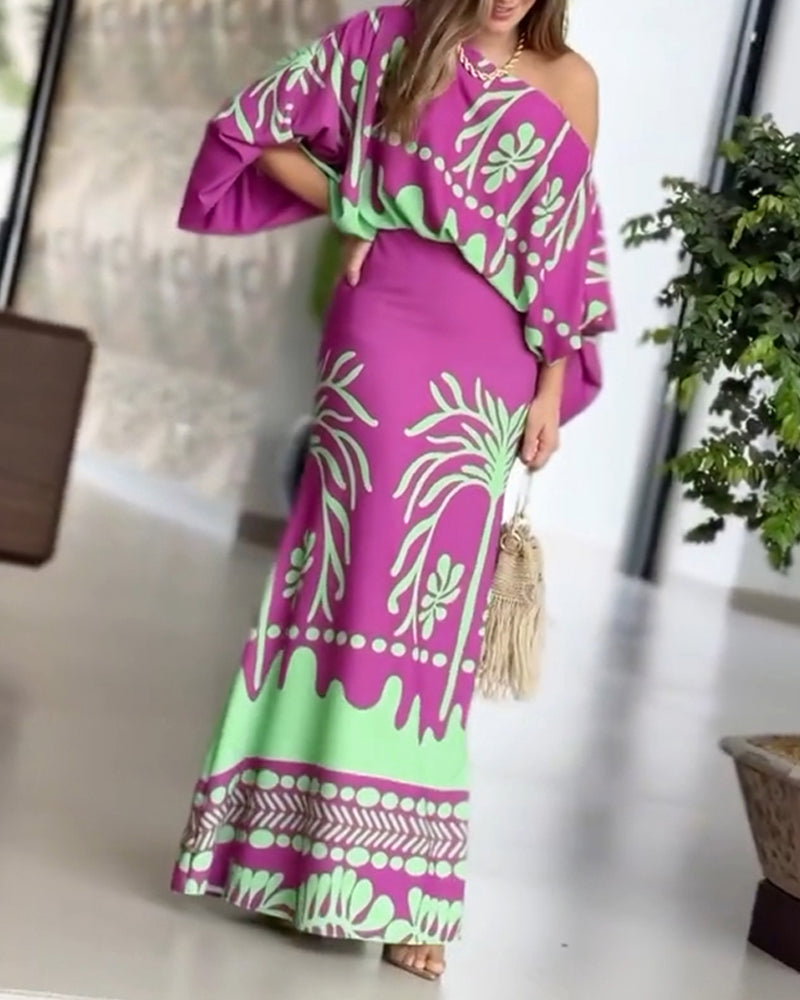 2 Pieces Outfit Tropical Print Lantern Sleeve Cold Shoulder Loose Top And Casual High Waist Fishtail Maxi Skirt Set