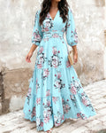 Women's Floral Print Ruffle Hem Maxi Dress V-Neck Three Quarters Sleeve Shirred Back A-Line Vacation Dress