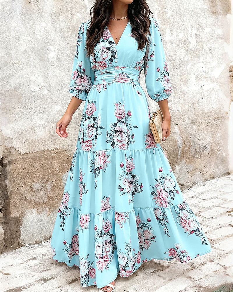 Women's Floral Print Ruffle Hem Maxi Dress V-Neck Three Quarters Sleeve Shirred Back A-Line Vacation Dress