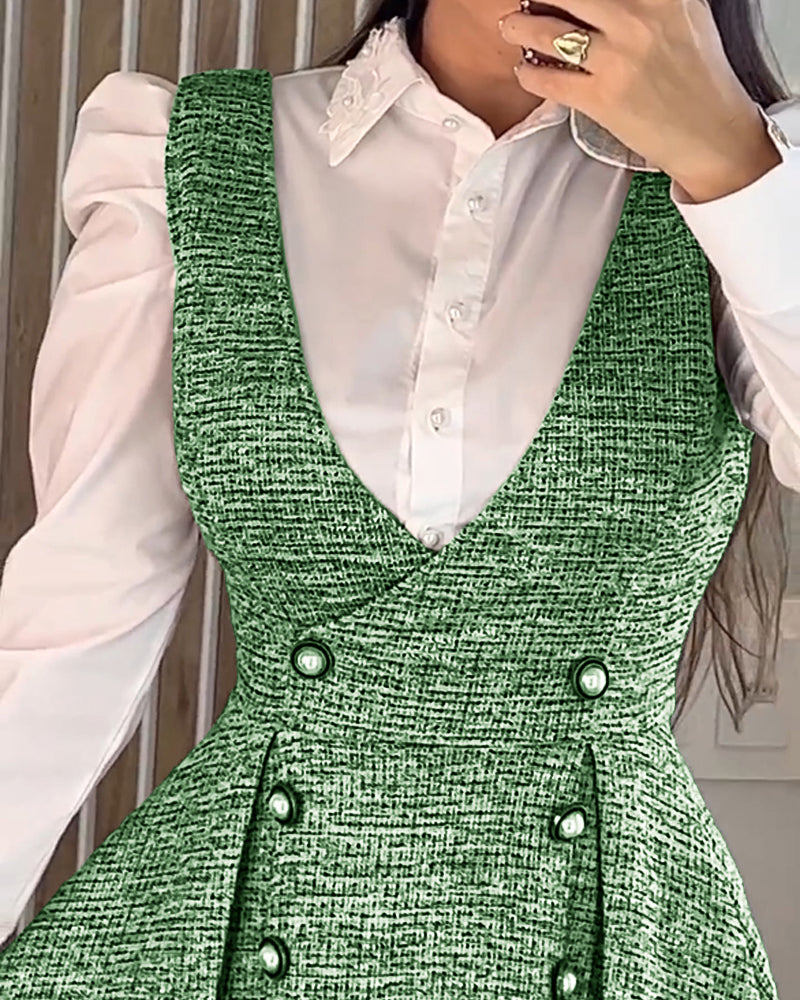 V-Neck Sleeveless Double Breasted Decor A Line Party Dress Causal Ziper Back Peplum Hem Commuting Dress