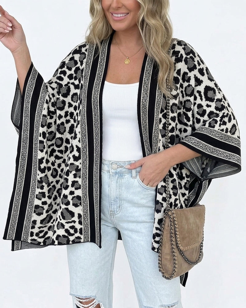 Women's Leopard Print Poncho Cardigan Contrast Striped Trim Open Front Loose Fit Batwing Sleeve Knit Cape Shawl 1 Women's Leopard Print Poncho Cardigan Contrast Striped Trim Open Front Loose Fit Batwing Sleeve Knit Cape Shawl