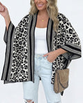 Women's Leopard Print Poncho Cardigan Contrast Striped Trim Open Front Loose Fit Batwing Sleeve Knit Cape Shawl