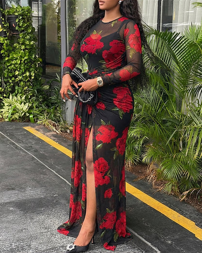 2 Pieces Outfit Floral Print Long Sleeve Tie Waist High Slit Sheer Mesh Maxi Dress with V-Neck Adjustable Spaghetti Straps Cami Mini Dress