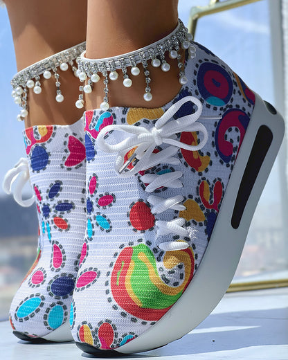 Abstract Print Side Lace-up Casual Wedge Sneakers