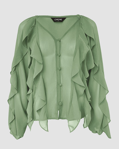 V Neck Shoulder Ruffles Design Blouse Casual Button Front Long Sleeve Top