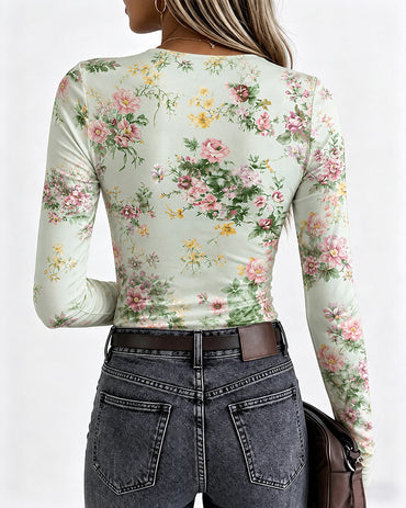 Women's Floral Print Long Sleeve Top Slim Fit Tee with Thumb Holes