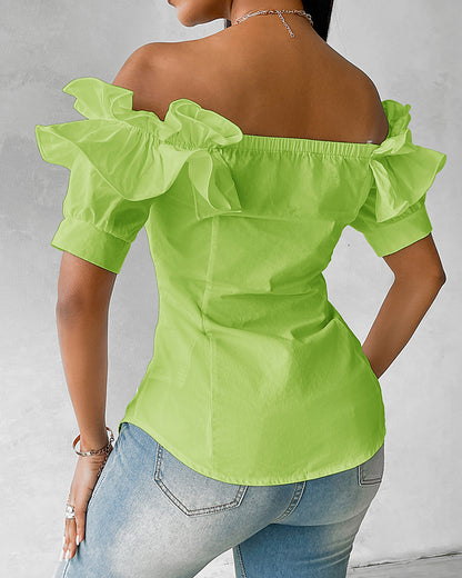 Off the Shoulder Short Sleeve Blouses Asymmetrical Button Ruffles Blouses