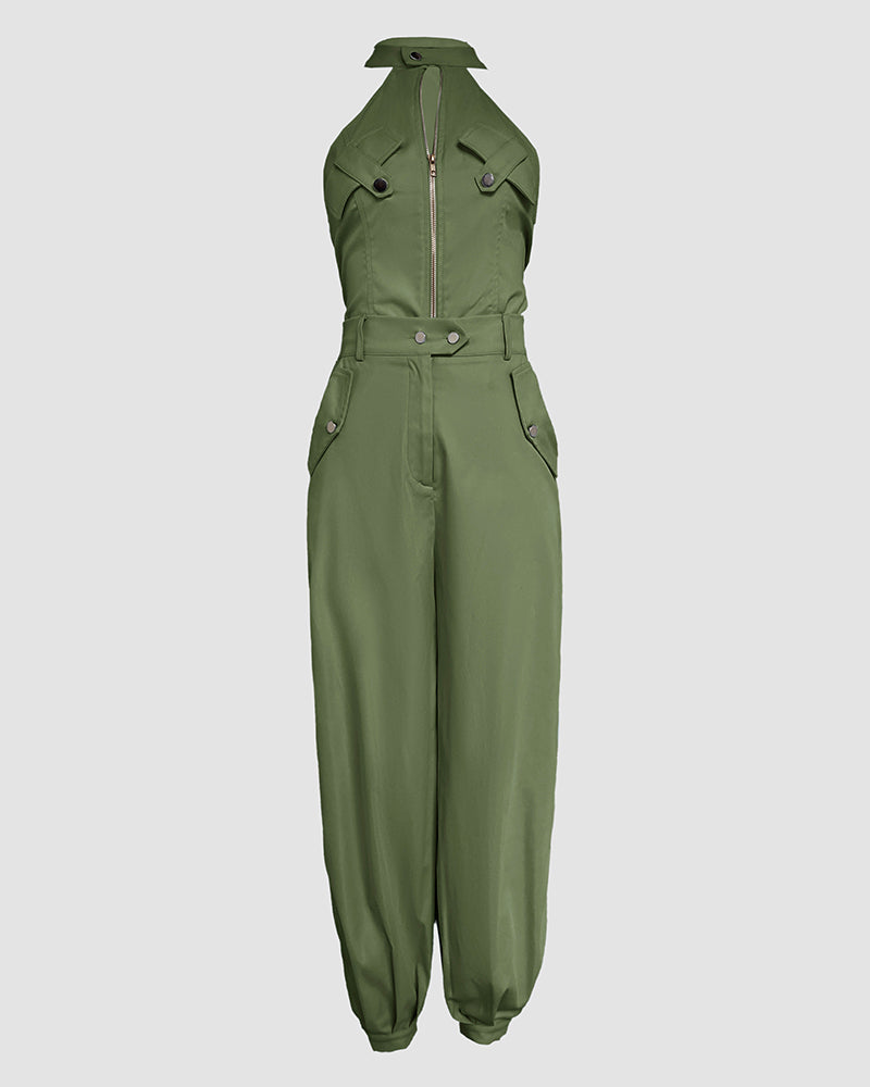 2 Pieces Outfits Sleeveless High Neck Cargo Pockets Design Top And Casual Cuffed Long Pants Set