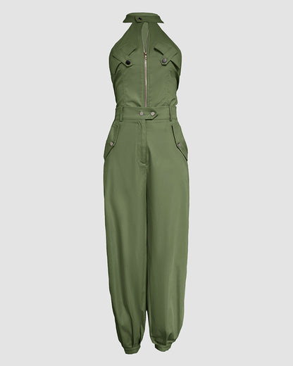 2 Pieces Outfits Sleeveless High Neck Cargo Pockets Design Top And Casual Cuffed Long Pants Set