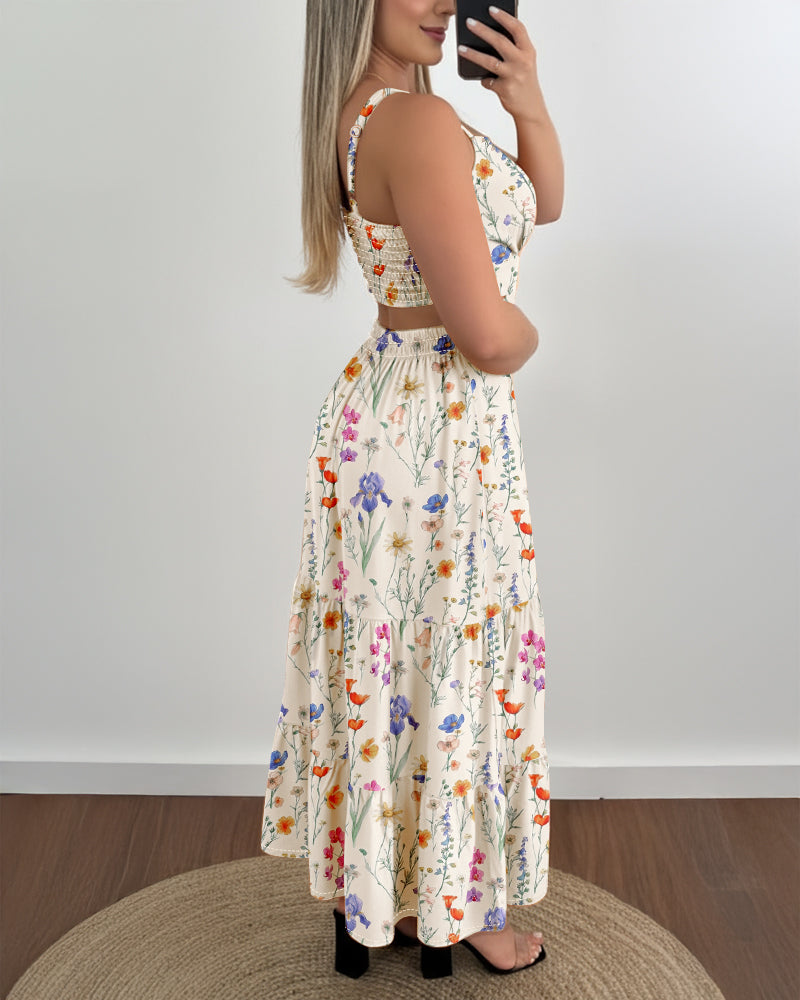 Colorful Floral Print Square Neck Adjustable Straps Shirred Back A Line Dress Casual Cutout Waist Ruffle Hem Vacation Dress