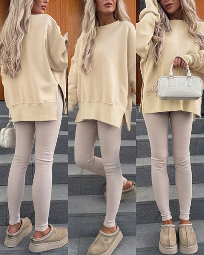 Women's Casual Crewneck Sweatshirt Loose Long Sleeve Side Slit Pullover Top with Thumb Holes