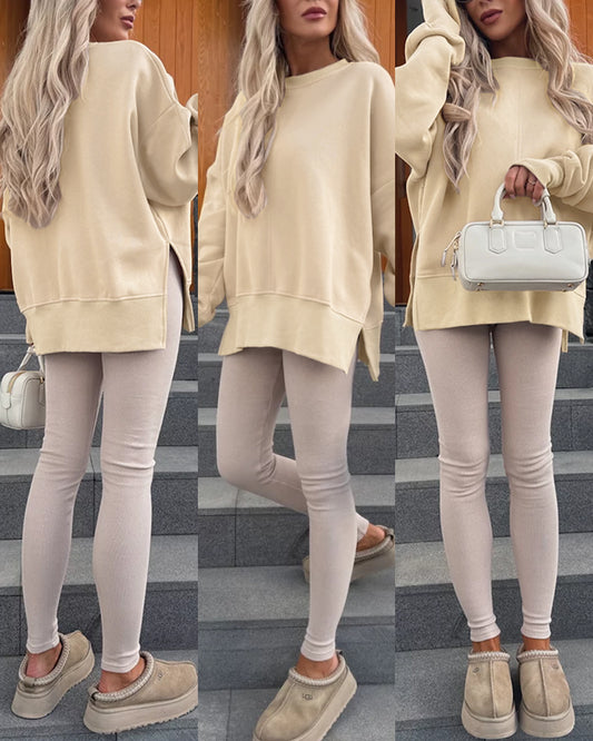 Women's Casual Crewneck Sweatshirt Loose Long Sleeve Side Slit Pullover Top with Thumb Holes