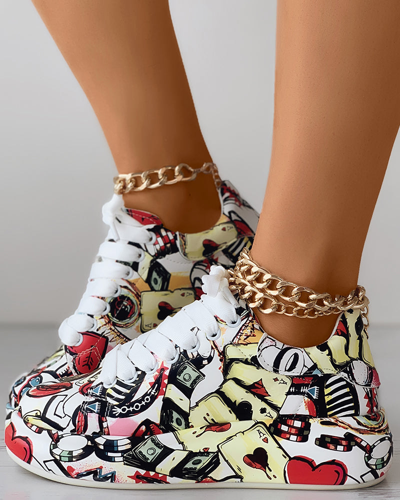 Lace-up Front Painting Print Platform Sneakers