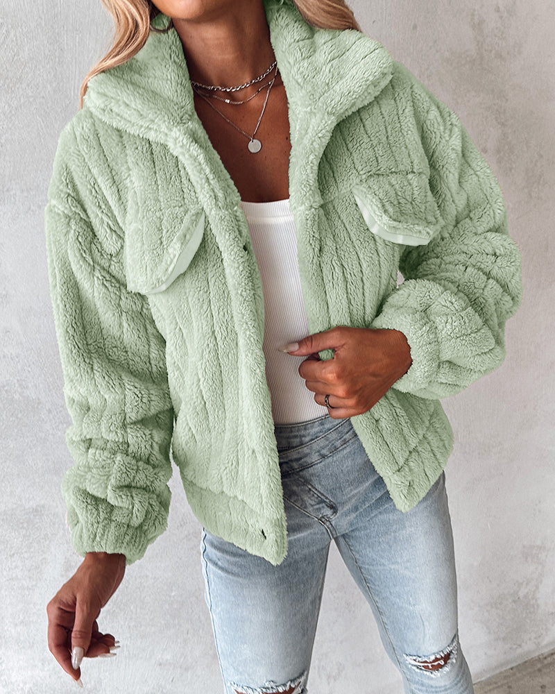 Textured Striped Turn-down Collar Button Front Elastic Cuff and Hem Teddy Fleece Jacket With Decorative Flap Pockets