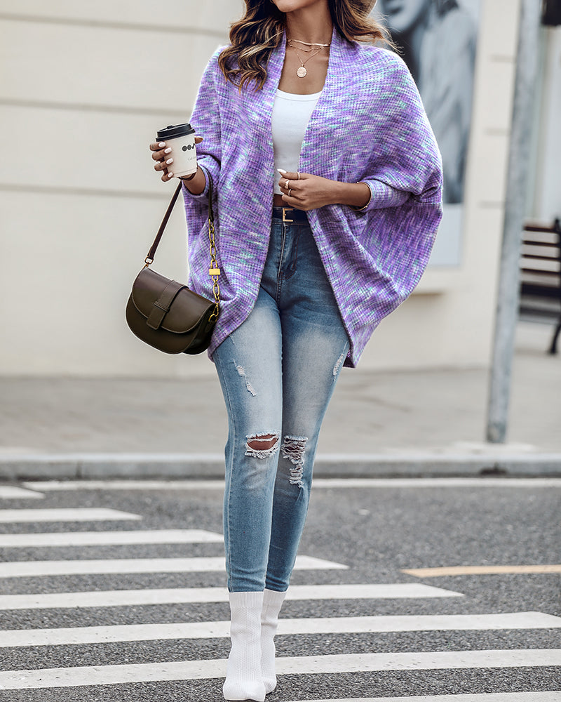 Colorful Waffle Knit Open Front Coat Batwing Long Sleeve Cardigan