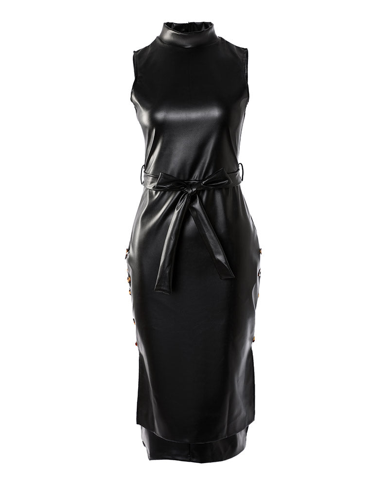 Buttoned Split Hem PU Leather Bodycon Dress